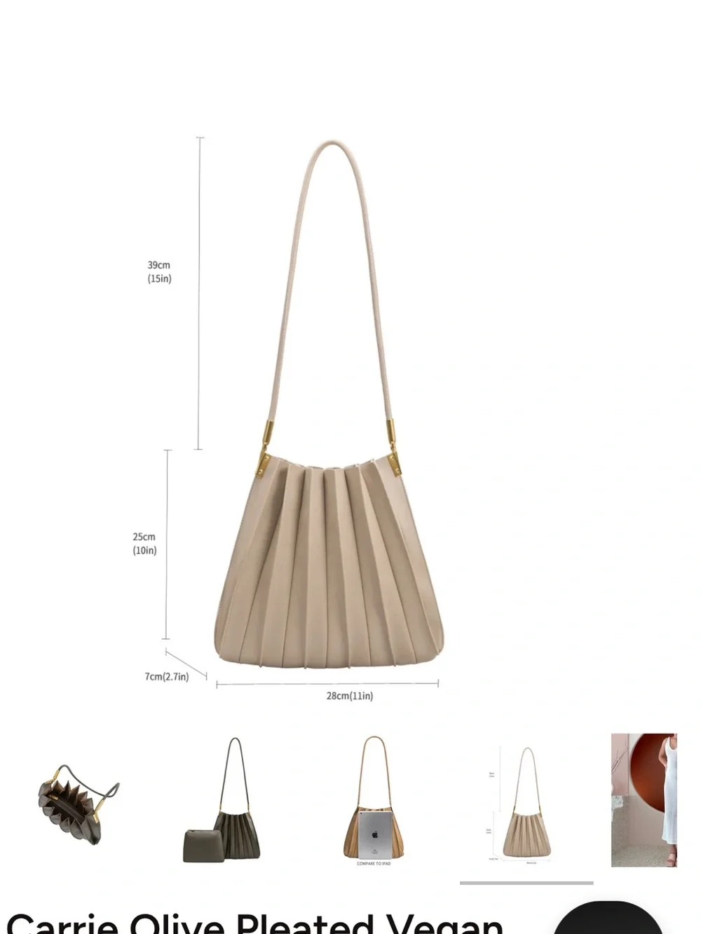 Melie Bianco Olive Pleated Shoulder Bag with Gold Hardware